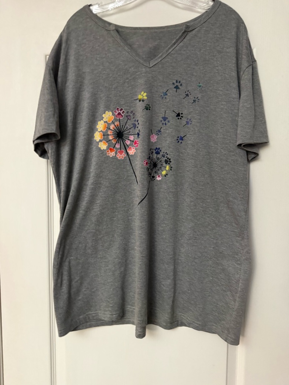 Gray Tee with Colorful Dandelion Paw Print Design
